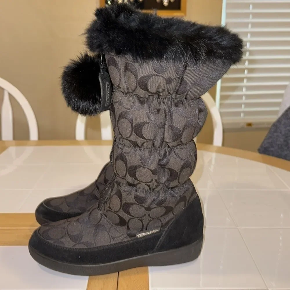 Coach Theona Jacquard Rabbit Fur Trim Zip Up Boots Size 5 1/2 B